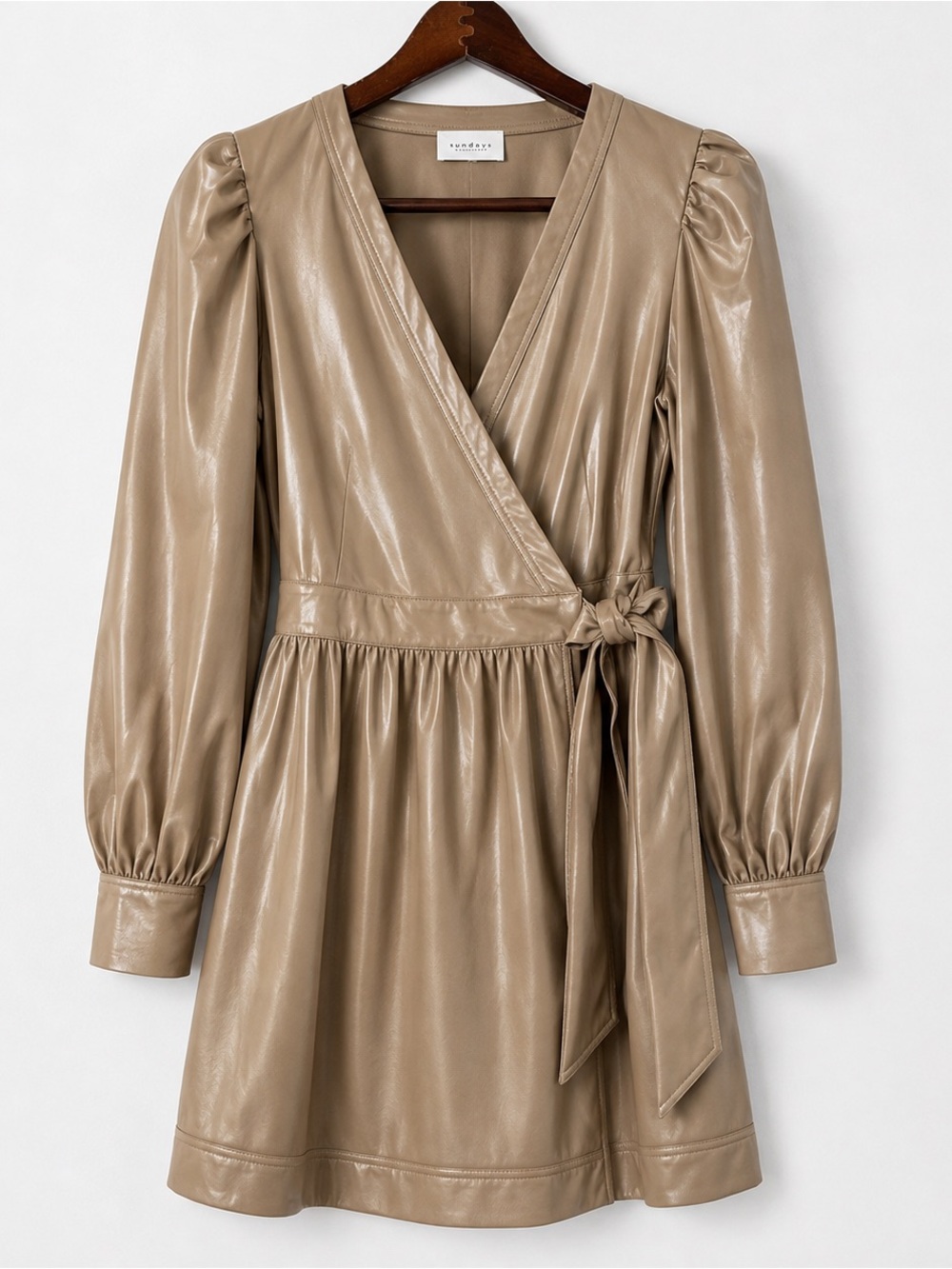 Sundays Flora Vegan Leather Wrap Mini Dress Mushroom S